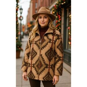 Pendleton Wool Zip Up Southwestern Aztec Print Jacket Coat Tan L/G
